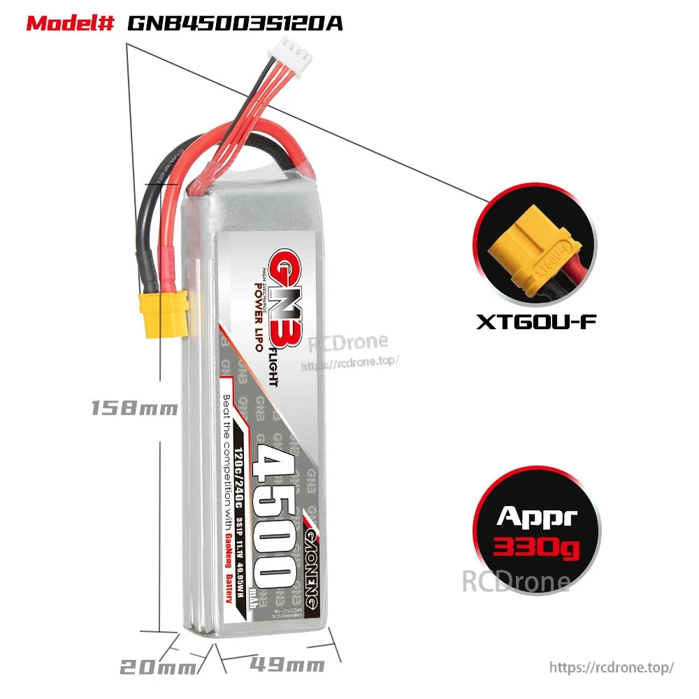 Battery dimensions diagram with XT60U-F connector close-up and approx 330g weight callout