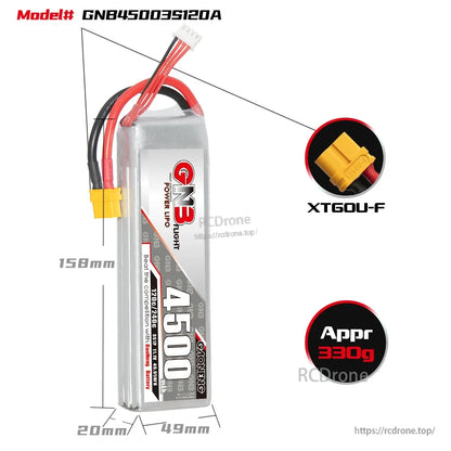 Battery dimensions diagram with XT60U-F connector close-up and approx 330g weight callout