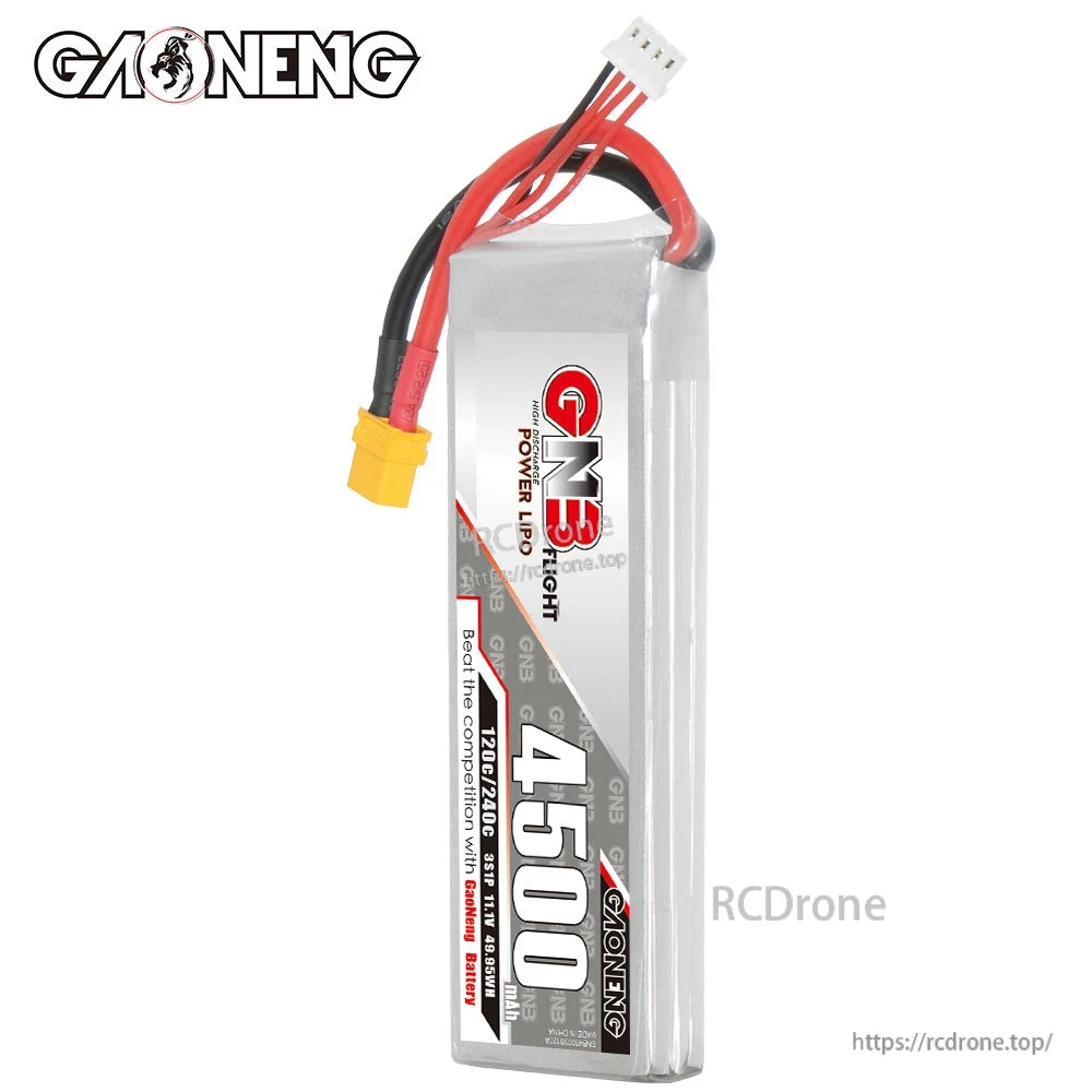 Front label view of GNB 4500 battery showing wiring and XT60 connector orientation