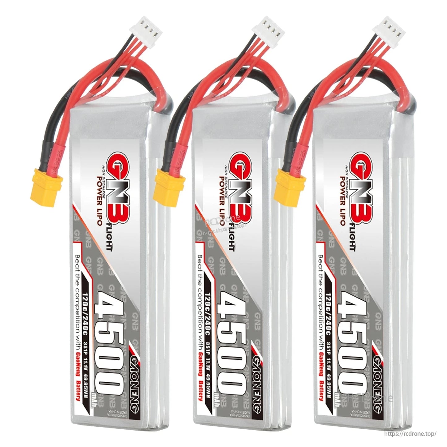 Three GNB 4500 LiPo battery packs displayed together with XT60 connectors and balance leads