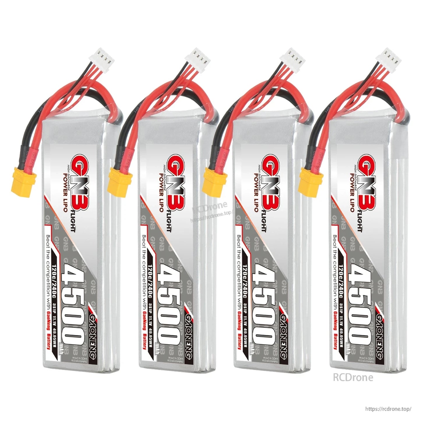 Four GNB 4500 LiPo battery packs lineup showing connectors and balance leads