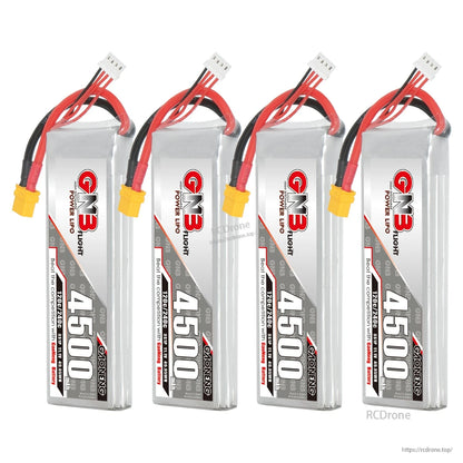 Four GNB 4500 LiPo battery packs lineup showing connectors and balance leads