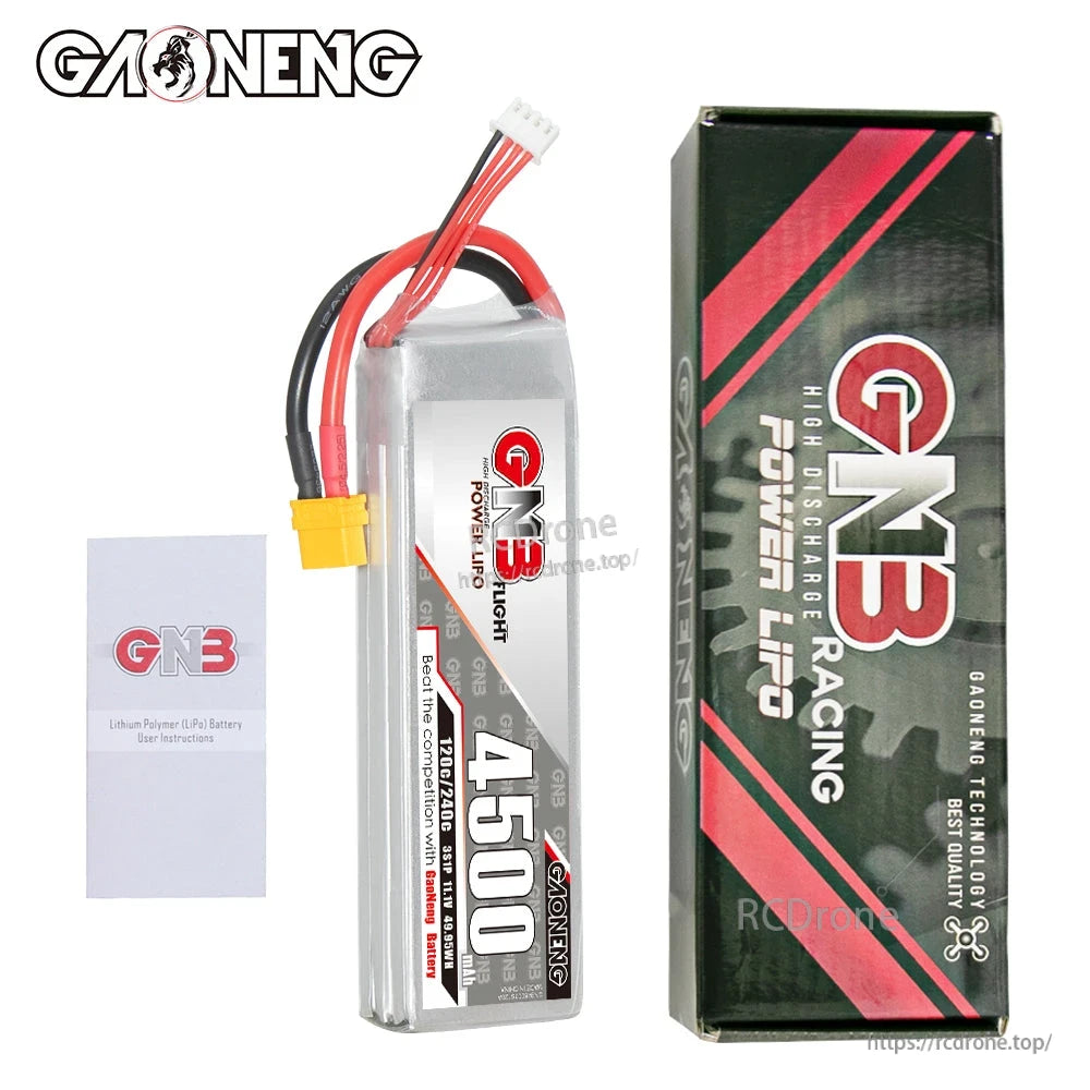 Package contents: GNB 4500 LiPo battery, retail box, and instruction leaflet