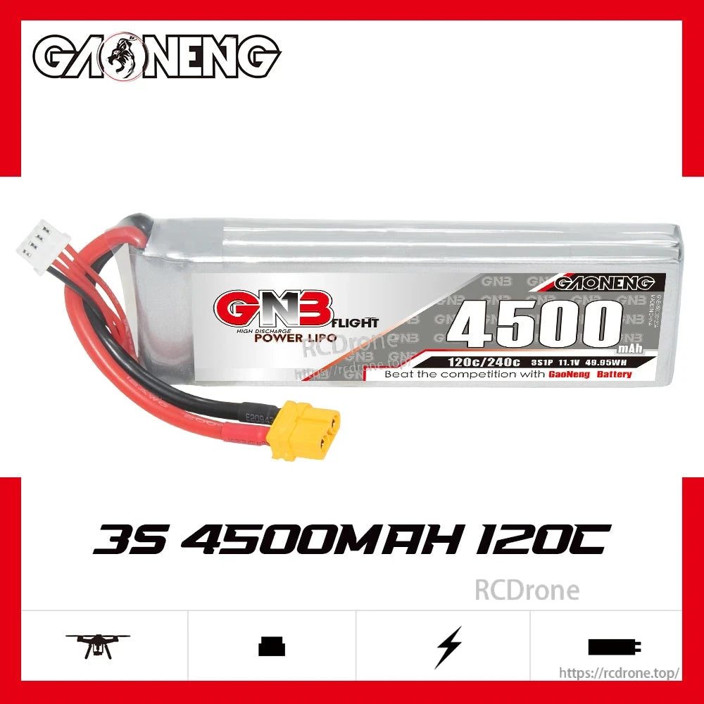 GAONENG GNB45003S120A 3S 4500mAh 120C LiPo battery with XT60 connector, profile view