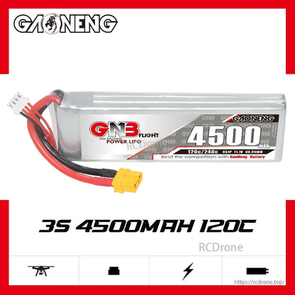 GAONENG GNB45003S120A 3S 4500mAh 120C LiPo battery with XT60 connector, profile view