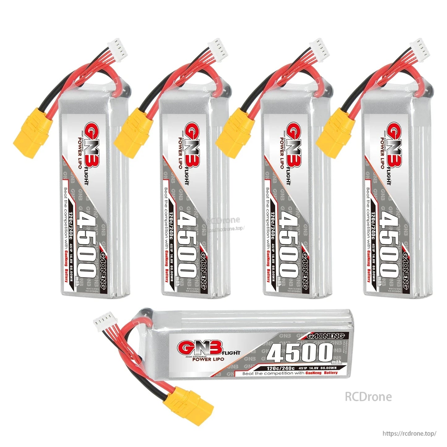 Bundle image with four upright GNB 4500mAh batteries plus one additional battery shown horizontal