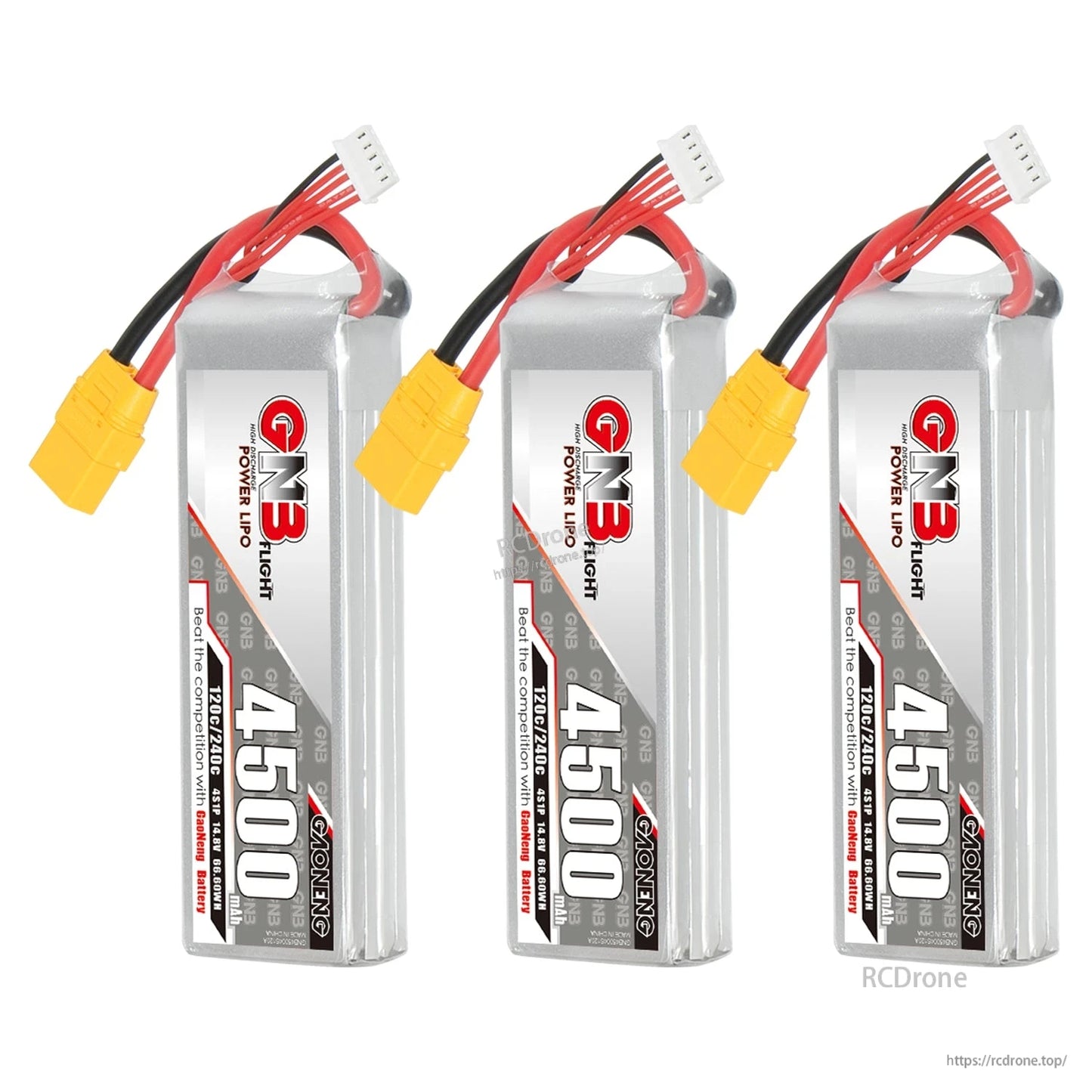 Three-pack set of GNB 4500mAh LiPo batteries with XT90 connectors, upright front views