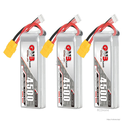 Three-pack set of GNB 4500mAh LiPo batteries with XT90 connectors, upright front views