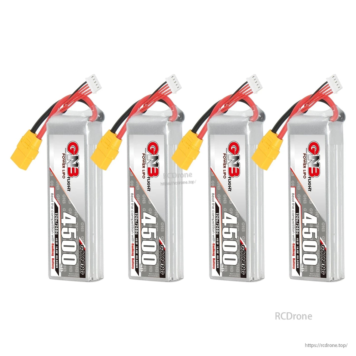 Four-pack set of GNB 4500mAh LiPo batteries with XT90 connectors, upright front views