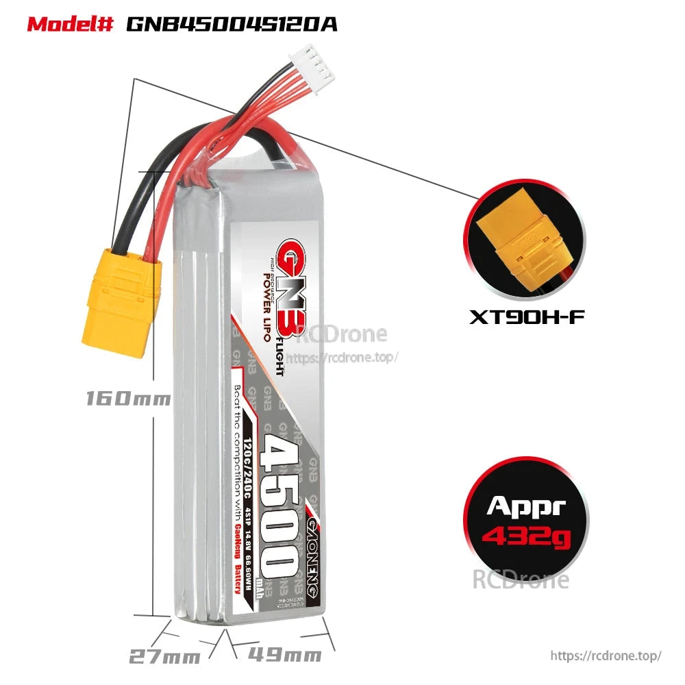 GNB45004S120A battery dimensions diagram 160mm length, 27x49mm, XT90H-F plug, approx 432g
