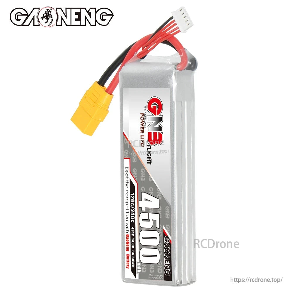 Vertical side view of GNB 4500mAh LiPo pack showing wires, XT90 connector, and balance plug
