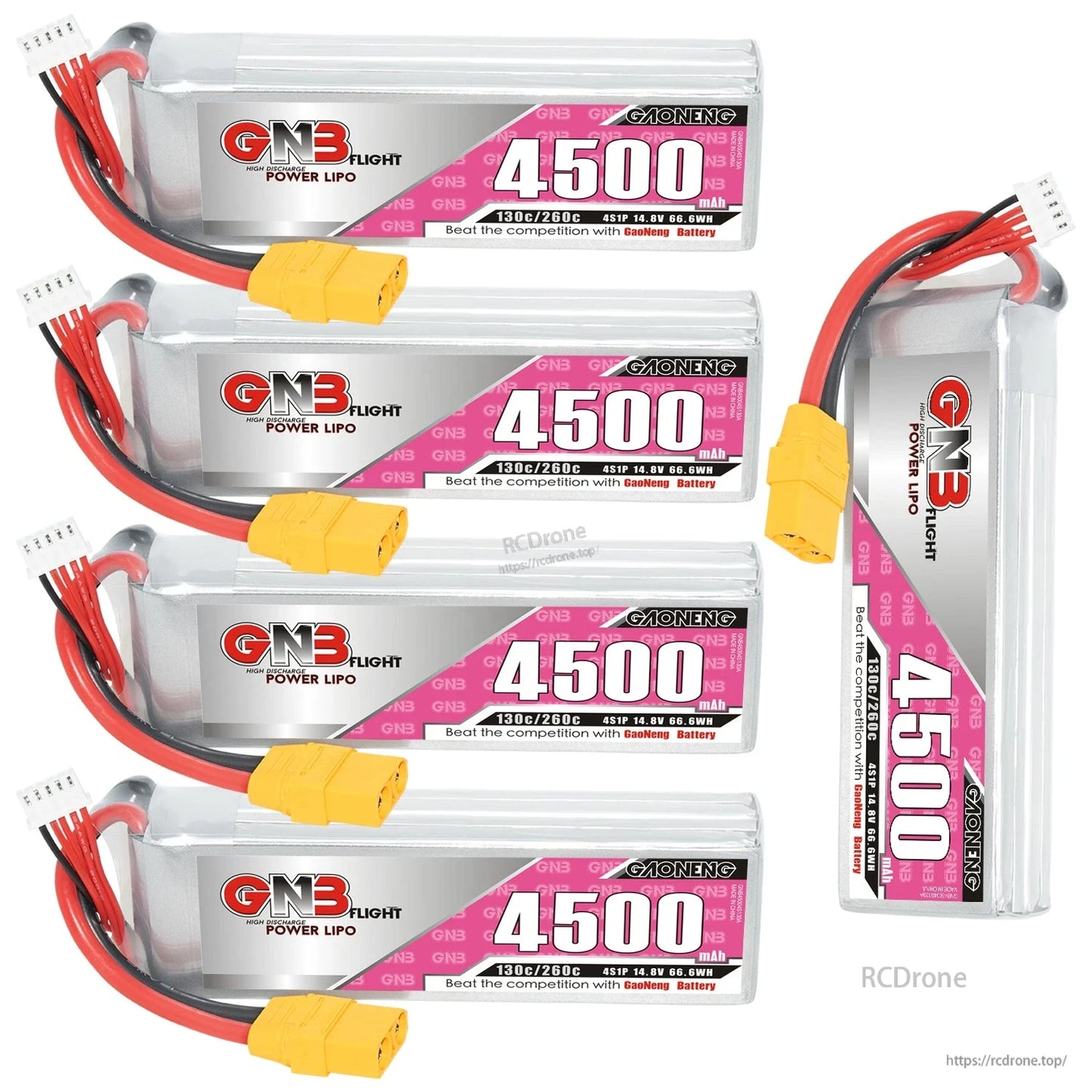 Four horizontal GNB 4500mAh LiPo batteries plus one upright pack shown together, XT90 connectors visible