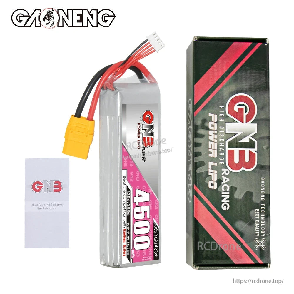 Package contents: GNB 4500 battery pack alongside GNB Power LiPo retail box and instruction leaflet
