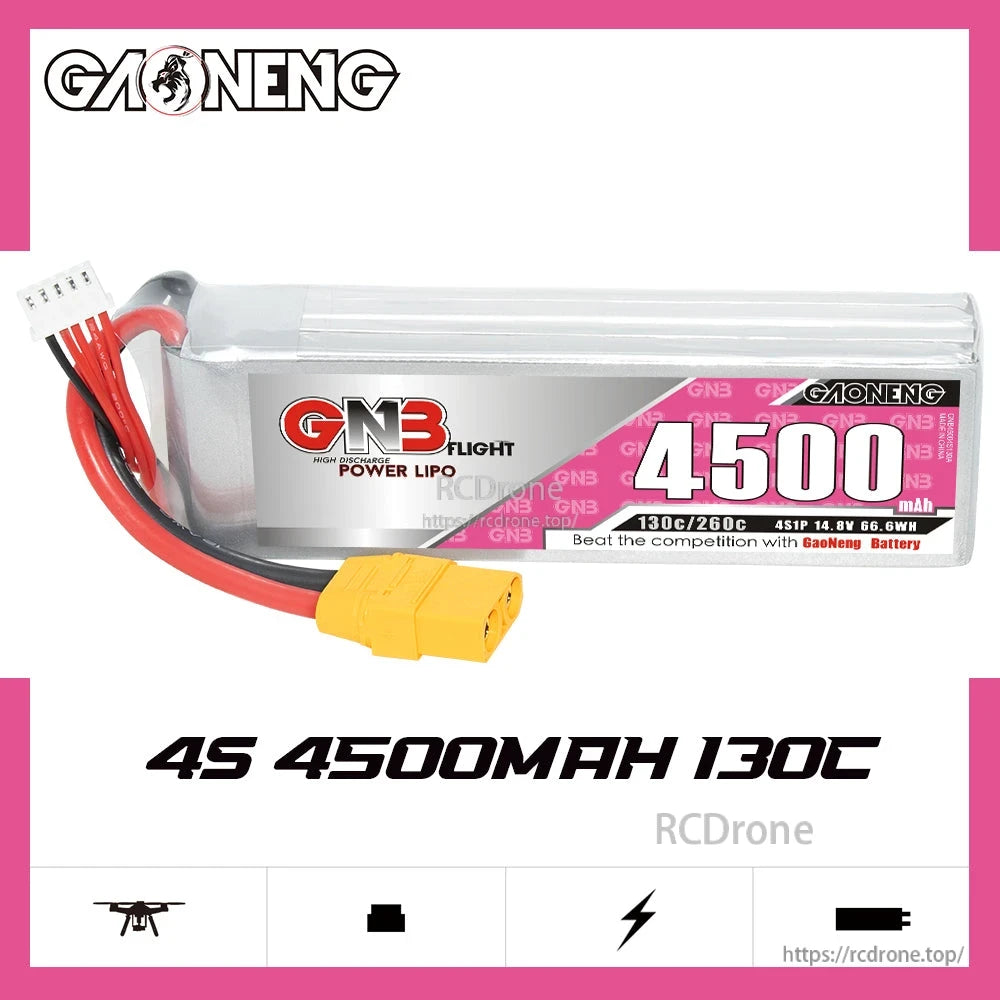 GAONENG GNB45004S130A 4S 4500mAh 130C battery banner graphic showing side label and connector leads