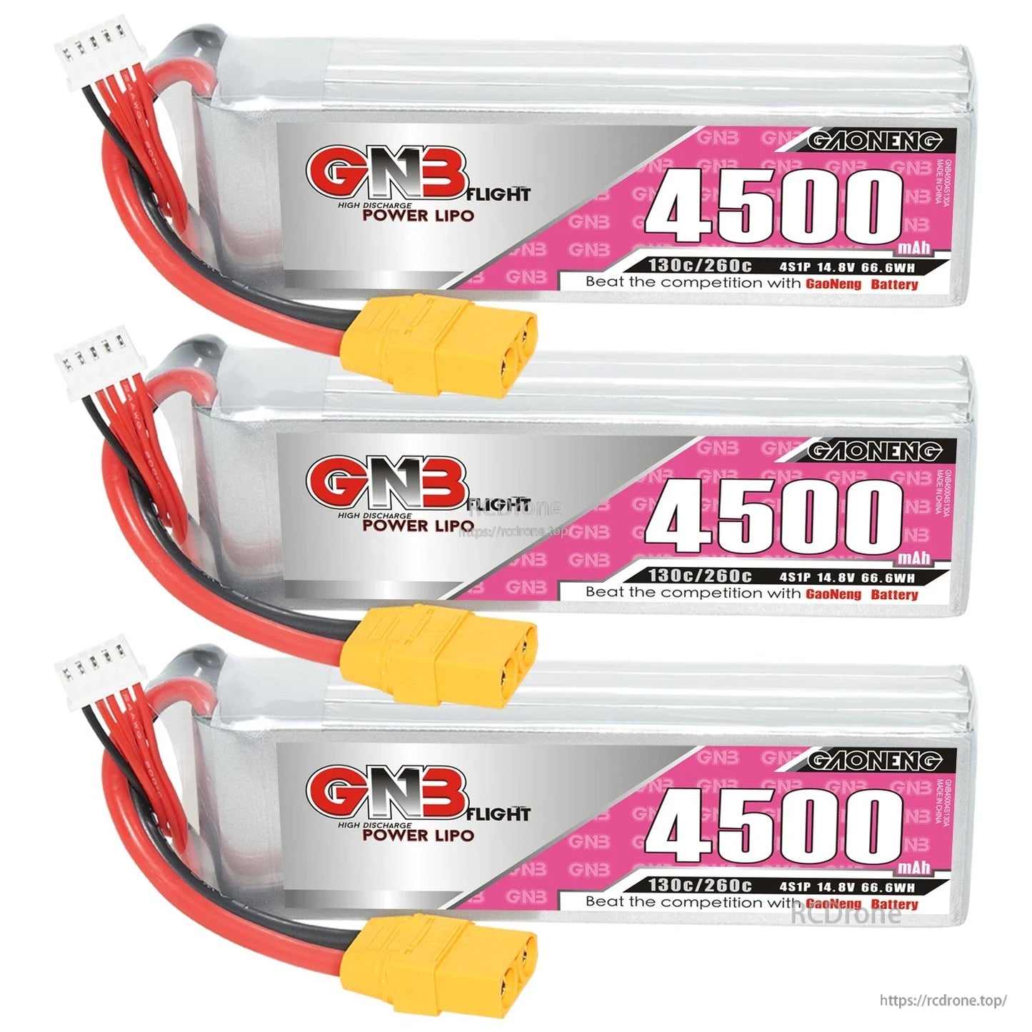 Three GAONENG GNB 4500mAh LiPo batteries stacked horizontally with XT90 connectors and balance leads