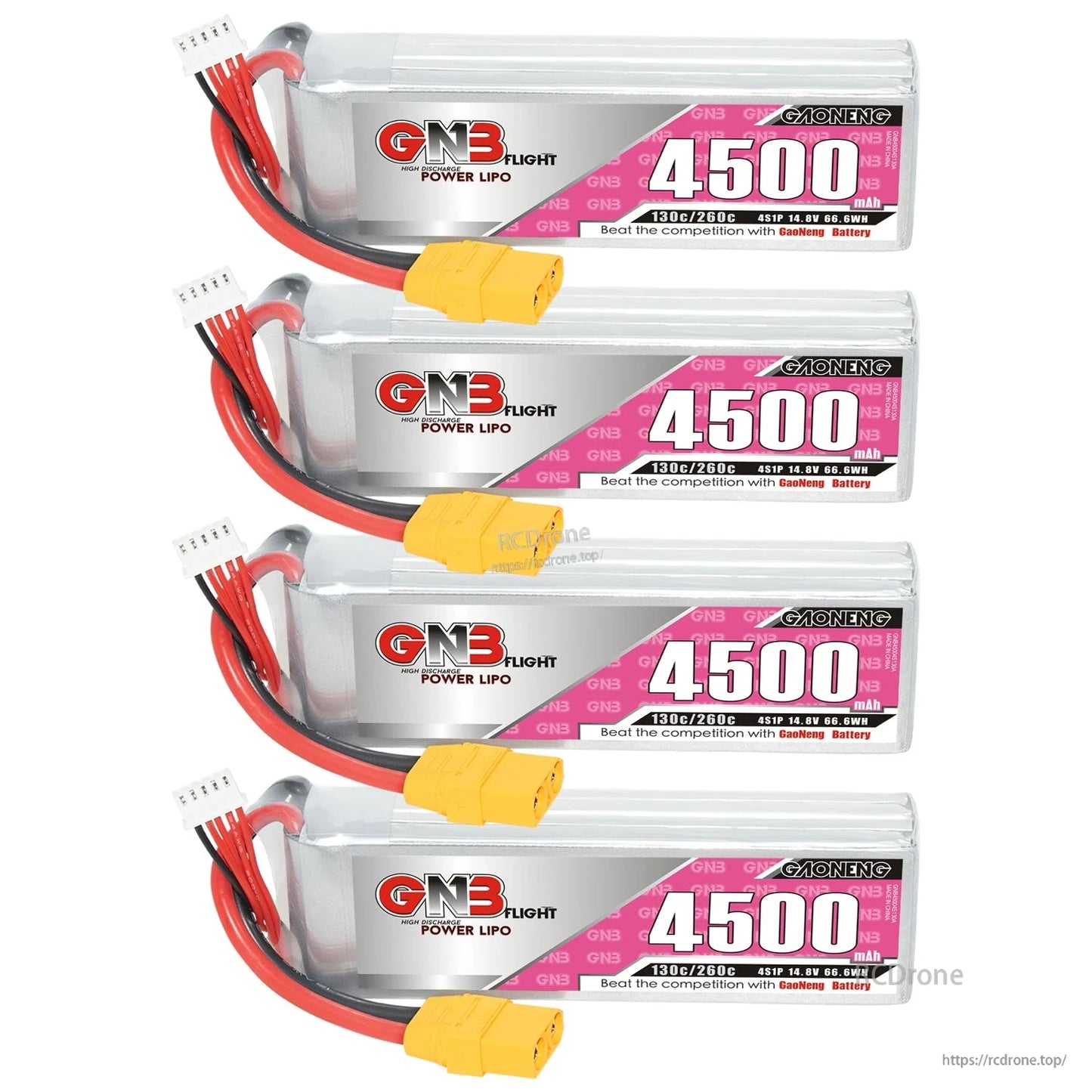 Four GNB 4500mAh LiPo packs stacked vertically, each showing label with XT90 connector and balance plug