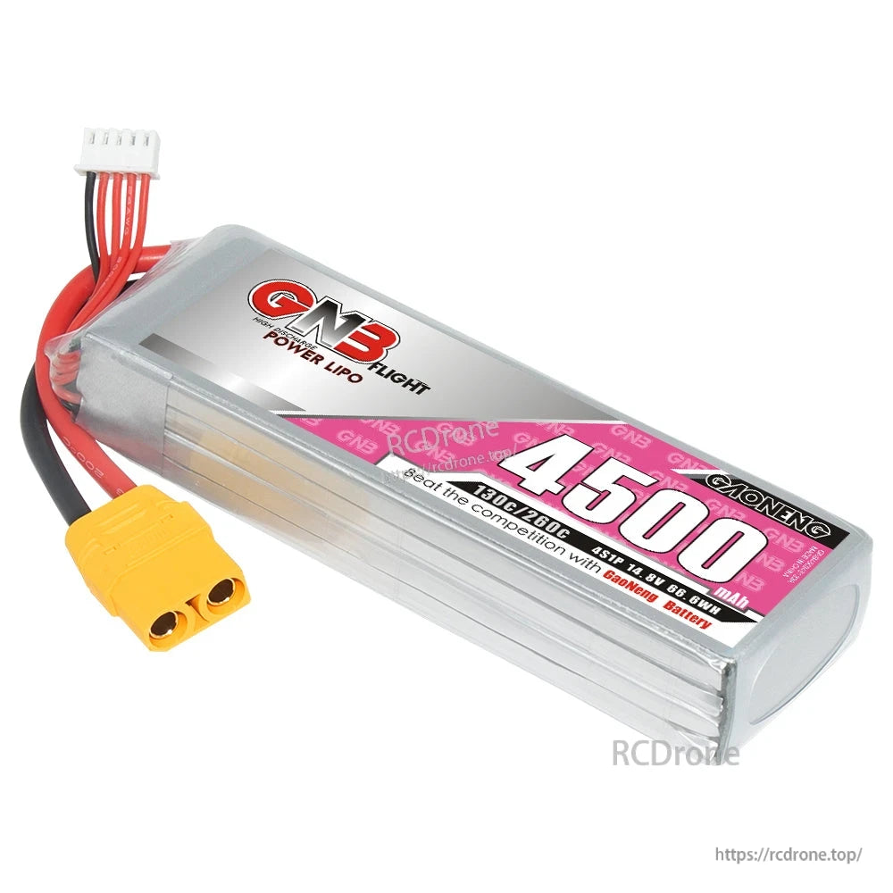 Angled close-up of 4500mAh label area and yellow XT90 connector on GAONENG GNB LiPo battery