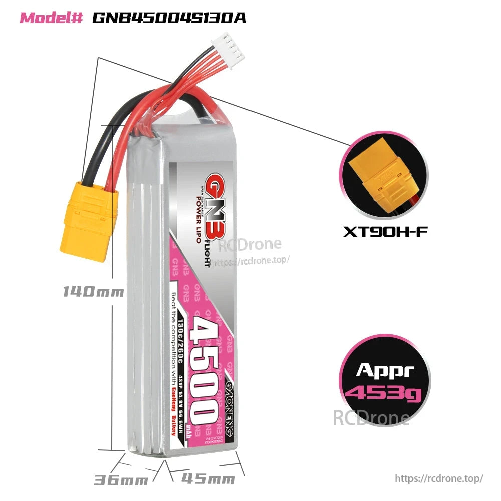 Battery dimensions diagram for GNB45004S130A with XT90H-F connector close-up and approx weight 453g