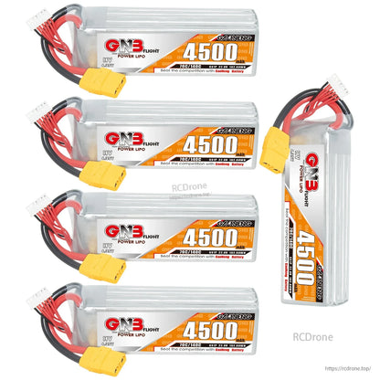 Four GNB 4500 packs plus one upright battery shown, highlighting label side and connector leads