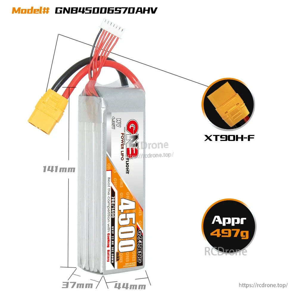 GNB45006S70AHV battery dimensions diagram with XT90H-F connector close-up and approx weight 497g