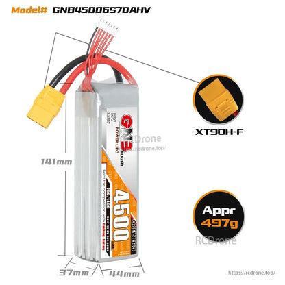 GNB45006S70AHV battery dimensions diagram with XT90H-F connector close-up and approx weight 497g