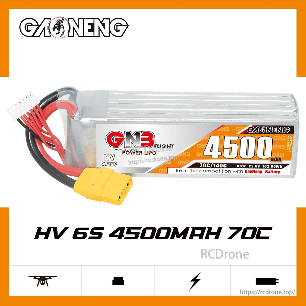 GNB HV 6S 4500mAh 70C battery promo graphic with label side visible and XT90 lead