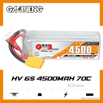 GNB HV 6S 4500mAh 70C battery promo graphic with label side visible and XT90 lead