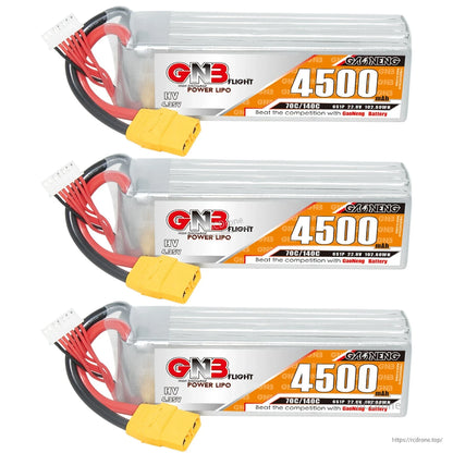 Three GNB 4500 LiHV battery packs displayed in a row with labels and XT90 connectors
