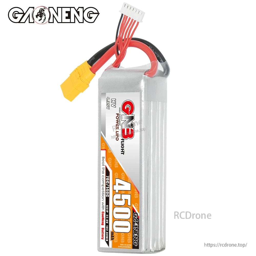 Upright side view of GNB 4500mAh LiHV battery showing label panel and wire exit at top