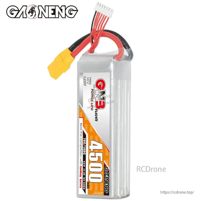 Upright side view of GNB 4500mAh LiHV battery showing label panel and wire exit at top