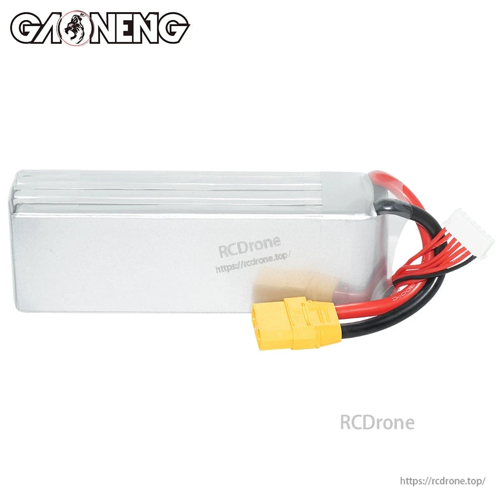 Rear plain-side view of silver hardcase LiPo pack with XT90 plug and balance lead