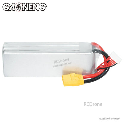 Rear plain-side view of silver hardcase LiPo pack with XT90 plug and balance lead