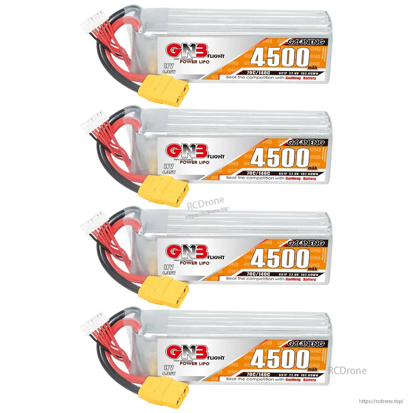 Four GNB 4500 LiHV battery packs shown stacked vertically with XT90 connectors and balance leads