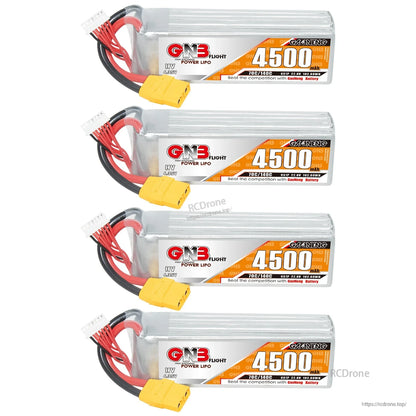 Four GNB 4500 LiHV battery packs shown stacked vertically with XT90 connectors and balance leads