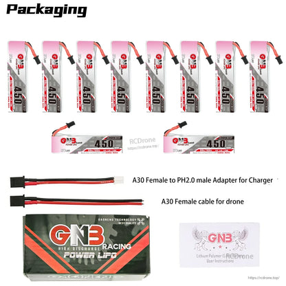 Packaging layout with 10x GNB 450 LiHV batteries plus A30-to-PH2.0 adapter, A30 female lead, box and user instructions