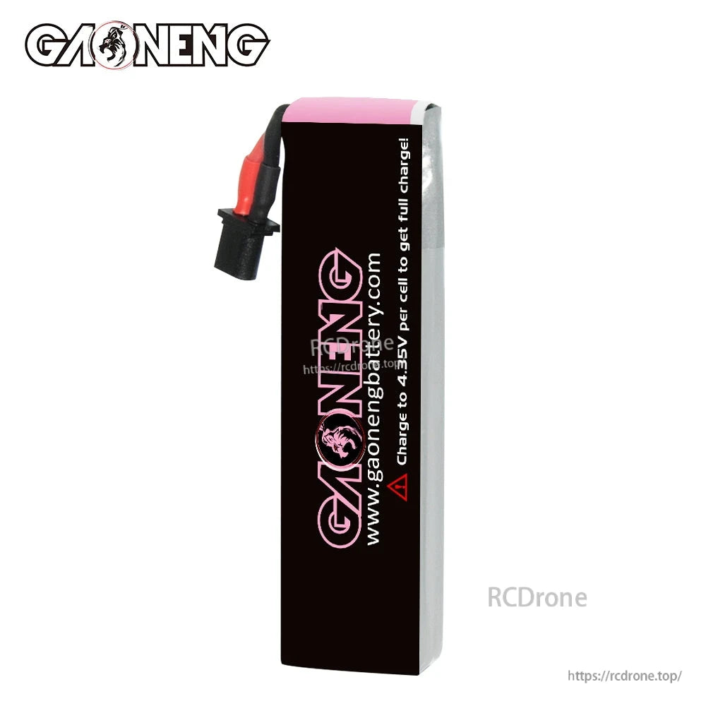 Side view showing GAONENG battery wrap with charge-to-4.35V LiHV warning text and A30 lead