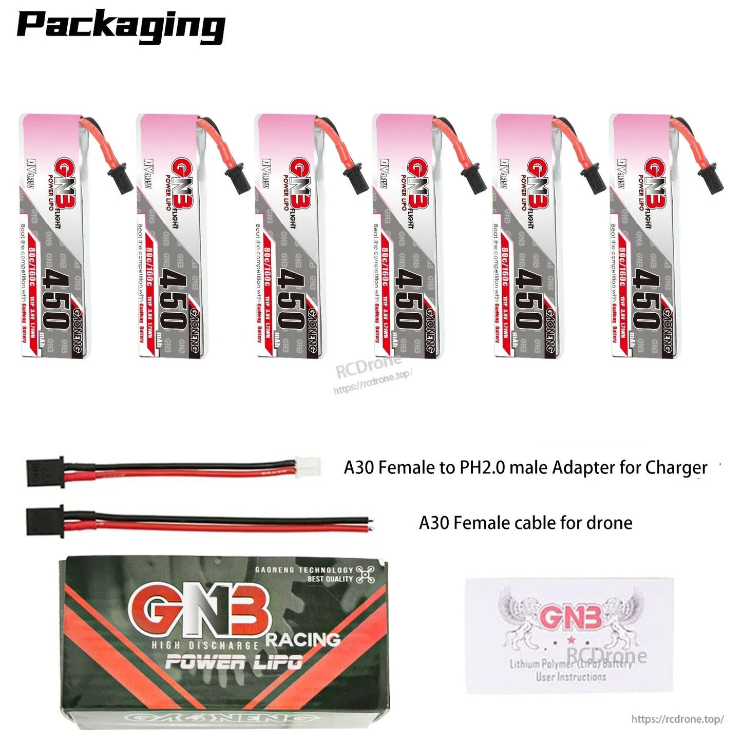 Packaging layout with 6x GNB 450 LiHV batteries plus A30-to-PH2.0 adapter, A30 female cable, box and instructions
