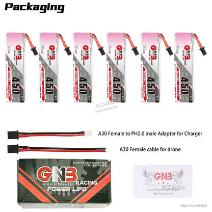 Packaging layout with 6x GNB 450 LiHV batteries plus A30-to-PH2.0 adapter, A30 female cable, box and instructions