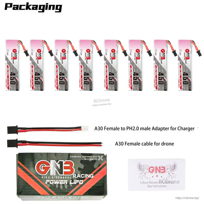 Packaging layout with 8x GNB 450 LiHV batteries, A30-to-PH2.0 adapter lead, A30 female cable, retail box and manual