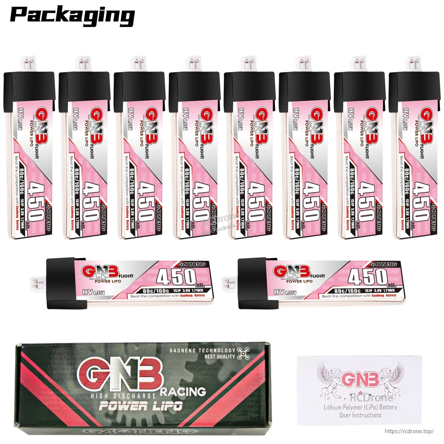 Bundle display with eight vertical batteries and two horizontal GNB450 batteries, plus box and manual