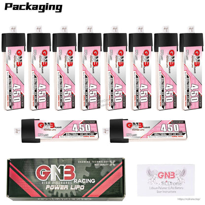 Bundle display with eight vertical batteries and two horizontal GNB450 batteries, plus box and manual