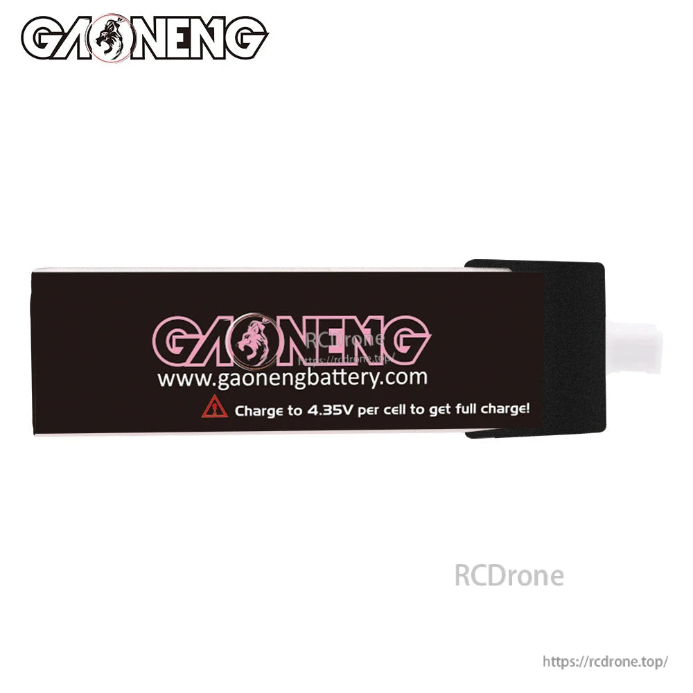 Rear label of GAONENG battery showing charge warning: charge to 4.35V per cell for full charge