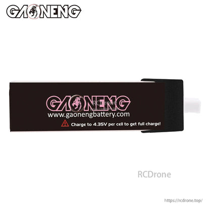 Rear label of GAONENG battery showing charge warning: charge to 4.35V per cell for full charge