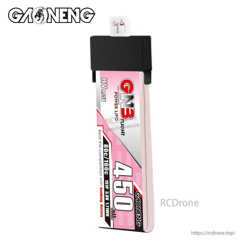 GAONENG GNB450 LiHV 1S battery front view showing 450mAh marking and 80C/160C rating