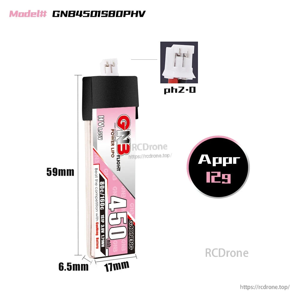 GNB4501S80PHV battery dimensions 59×17×6.5mm with PH2.0 plug close-up and ~12.9g weight