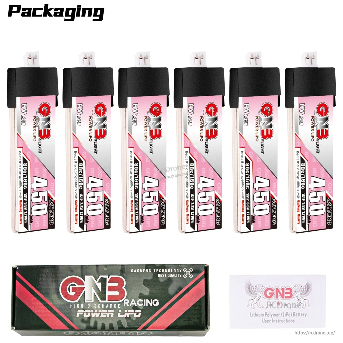 Packaging set with six GNB 450mAh 1S batteries plus GNB Racing Power LiPo box and user guide
