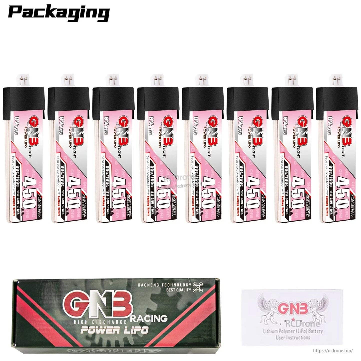 Packaging set with eight GNB 450mAh 1S batteries, GNB Racing Power LiPo box, user guide