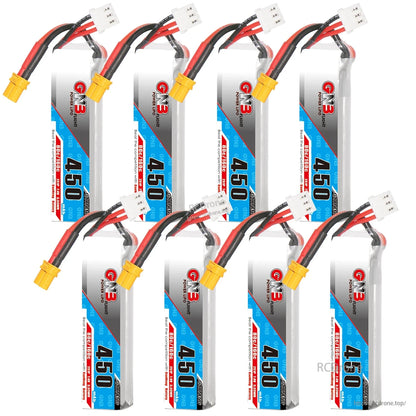 Grid collage showing eight long GNB 450mAh LiPo batteries upright with XT30 connectors
