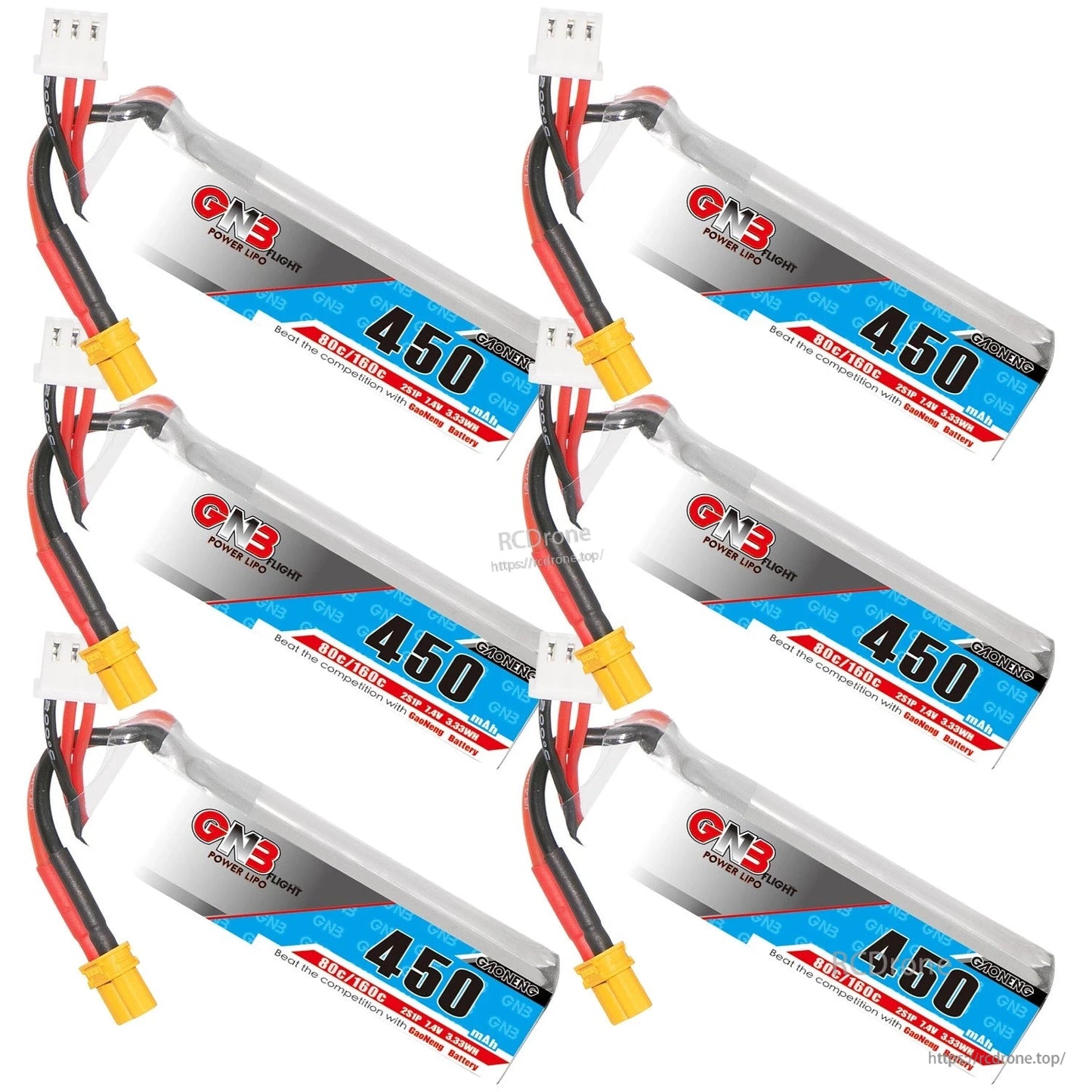 Collage of several GNB long 450mAh LiPo batteries with XT30 leads on white background
