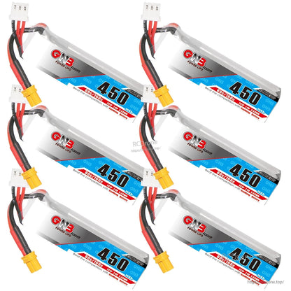 Collage of several GNB long 450mAh LiPo batteries with XT30 leads on white background